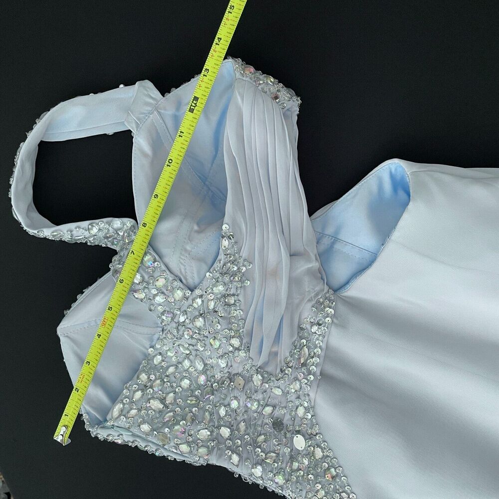JJ's House 6 prom gown 1-shoulder chiffon beading sequin split sky blue cut-out - Picture 7 of 16